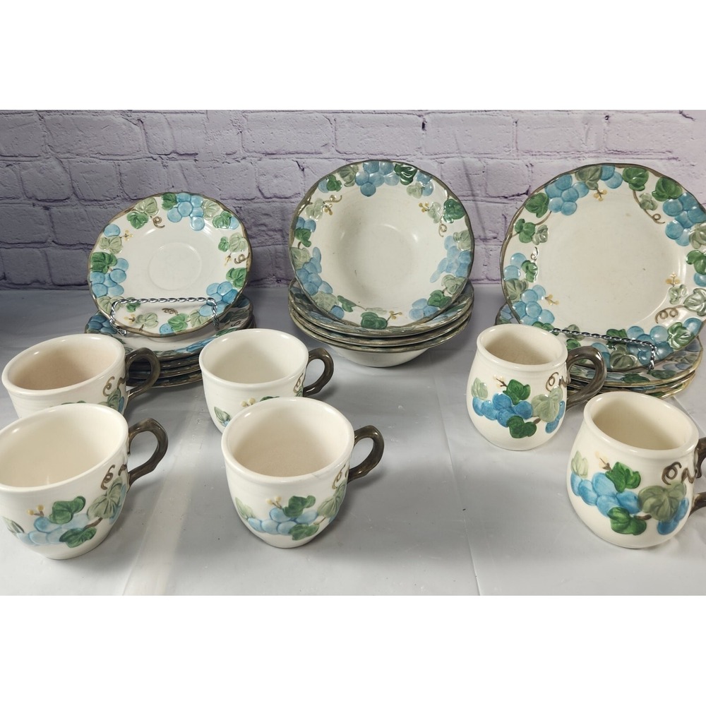 Vintage Metlox Poppy Trail Hand Painted Sculptured Grape 19pc Set Plates Cups